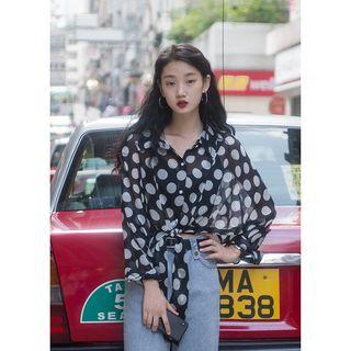 Long-sleeve Polka Dot Front Tie Chiffon Shirt Black - One Size