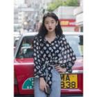 Long-sleeve Polka Dot Front Tie Chiffon Shirt Black - One Size