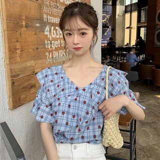 Elbow-sleeve Ruffled Polka Dot Blouse