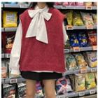 Long-sleeve Tie-neck Blouse / Knit Vest / Plain A-line Mini Skirt