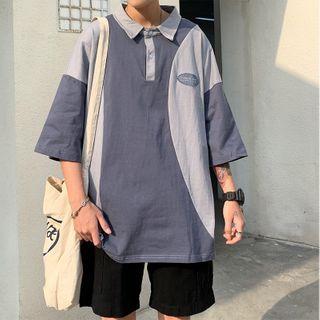 Two-tone Panel Elbow-sleeve Polo Shirt