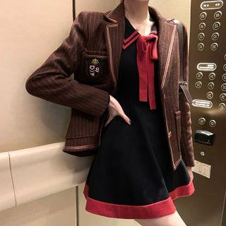 Striped Blazer / Long-sleeve Mini A-line Knit Dress