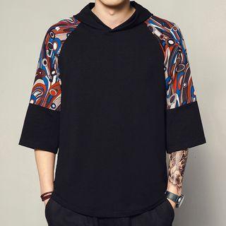 3/4-sleeve Print Panel Hoodie