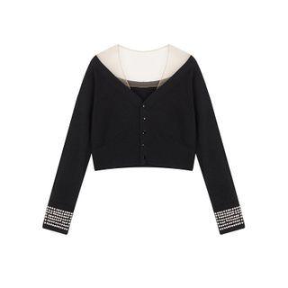 Long-sleeve V-neck Sheer Panel Studded Cardigan