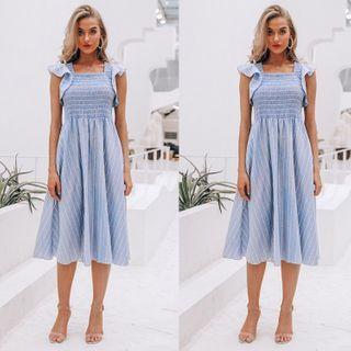 Ruffle-sleeve Striped Midi A-line Dress