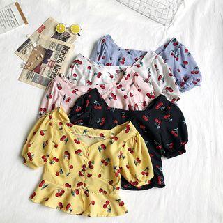 Short-sleeve V-neck Cherry Print Top
