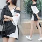 3/4-sleeve Striped Panel Shirt Dress As Shown In Figure - One Size