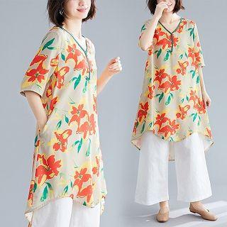 Floral Print Irregular Elbow-sleeve Tunic