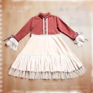 Color Panel Lace Trim Collared Long Sleeve Dress