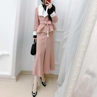 Set: Tie-waist Jacket + Faux Pearl Midi Mermaid Skirt