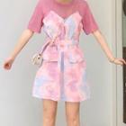Short-sleeve Paneled Belted Mini A-line Dress / Skirt / T-shirt / Set