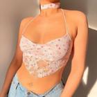 Halter-neck Floral Embroidered Lace-panel Crop Camisole Top