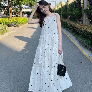 Sleeveless Dot Print Maxi Smock Dress