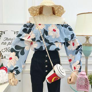 Boatneck Flower-print Ruffled Blouse