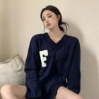 V-neck Lettering Sweatshirt Navy Blue - One Size