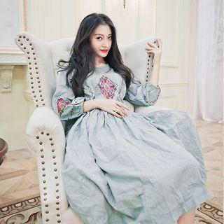3/4-sleeve Floral Embroidered Crewneck Long Sheath Dress