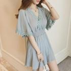 Elbow-sleeve Lace Trim Chiffon A-line Mini Dress