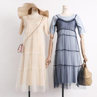Set: Long Top + Sleeveless Sheer Mesh Dress