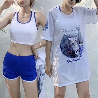 Set: Contrast Trim Tankini + Elbow-sleeve Printed T-shirt
