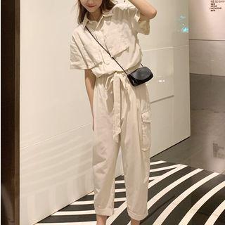 Short-sleeve Cropped Cargo Jumpsuit