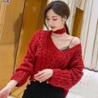 Choker Cable-knit Cropped Sweater Red - One Size