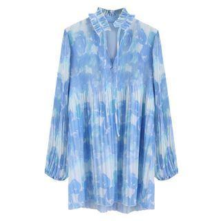 Long-sleeve Print Chiffon Midi A-line Dress Blue - One Size