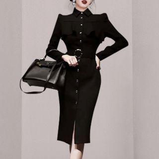 Long-sleeve Mock-neck Button-up Sheath Dress