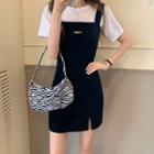 Short-sleeve Plain T-shirt / Sleeveless Applique Mini Sheath Dress