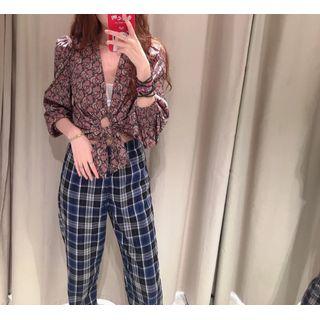 Tie-front Floral Print Blouse / Floral Print Midi A-line Skirt