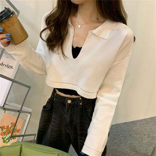 Long-sleeve Cropped V-neck Knit Top