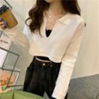 Long-sleeve Cropped V-neck Knit Top