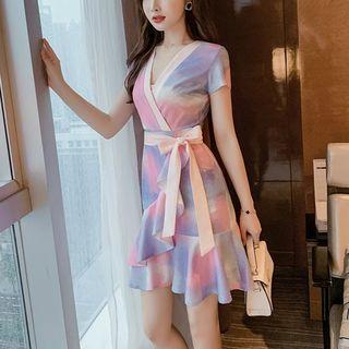 Glitter Tie-waist Short-sleeve A-line Dress