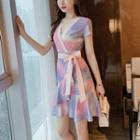 Glitter Tie-waist Short-sleeve A-line Dress