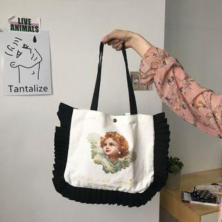 Angel Print Ruffled Canvas Tote Bag