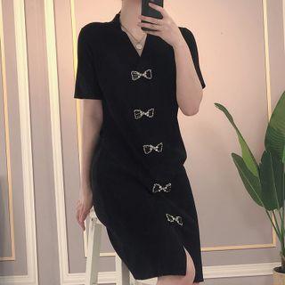 Short-sleeve Bow Accent Knit Shirt Dress