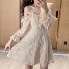 Long-sleeve Cold Shoulder Frill Trim A-line Mini Dress