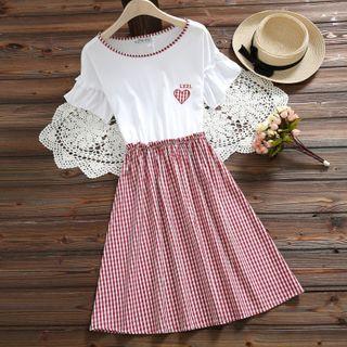 Short-sleeve Printed Panel Plaid A-line Dress
