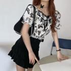 Butterfly Print Puff-sleeve Cropped Blouse / Mini A-line Skirt