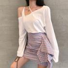 Plain Off-shoulder Long-sleeve Loose-fit Top / Gingham Slim-fit Skirt