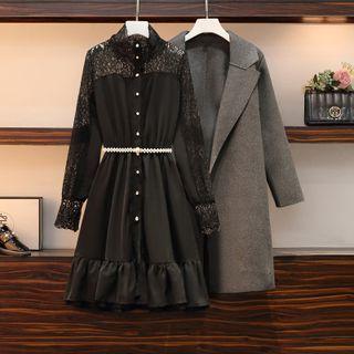 Lace Panel Midi A-line Dress With Belt / Plain Coat
