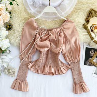 Long-sleeve Smocked Satin Top