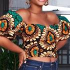 Puff-sleeve Off-shoulder Flower Print Cropped Blouse