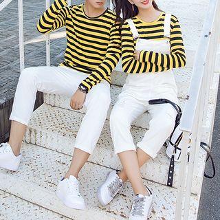Couple Matching Long-sleeve Striped T-shirt / Ripped Jumper Pants / Cropped Pants