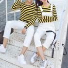 Couple Matching Long-sleeve Striped T-shirt / Ripped Jumper Pants / Cropped Pants