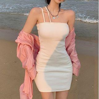 Long-sleeve Plain Button-up Loose Fit Light Jacket / Spaghetti-strap Plain Slim-fit Mini Dress