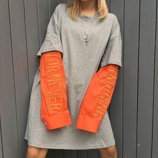 Mock Two-piece Oversized Color Block Long-sleeve Top Gray - One Size
