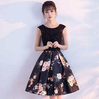 Flower Print Sleeveless A-line Cocktail Dress