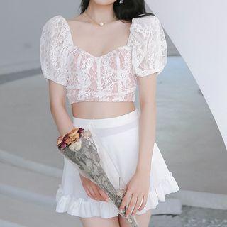 Set: Short-sleeve Lace Swim Top + Skirt + Bottom