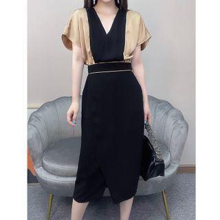 Short-sleeve Two-tone Midi Sheath Dress