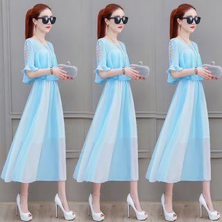 Elbow-sleeve Beaded Midi A-line Chiffon Dress